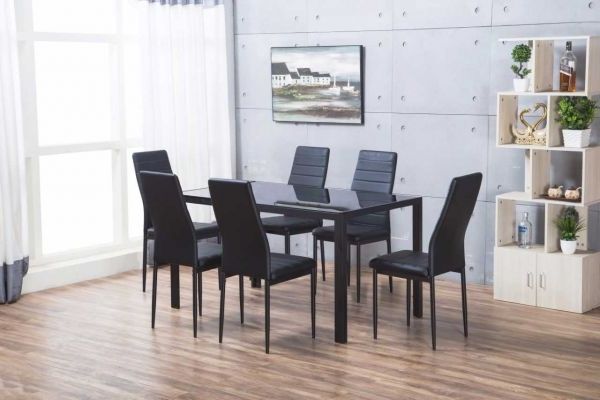 Black Glass Dining Tables With 6 Chairs Intended For Well Known Designer Rectangle Black Glass Dining Table & 6 Chairs Set (View 3 of 20)