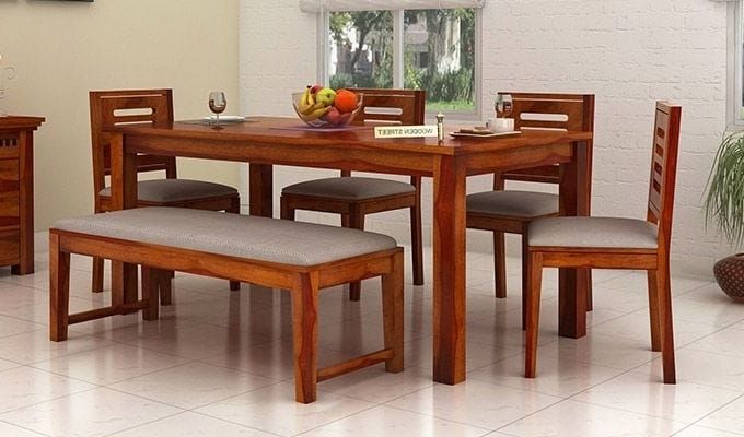 Buy Janet 6 Seater Dining Table Set With Bench (honey Finish) Online For Fashionable 6 Seat Dining Tables And Chairs (View 20 of 20)