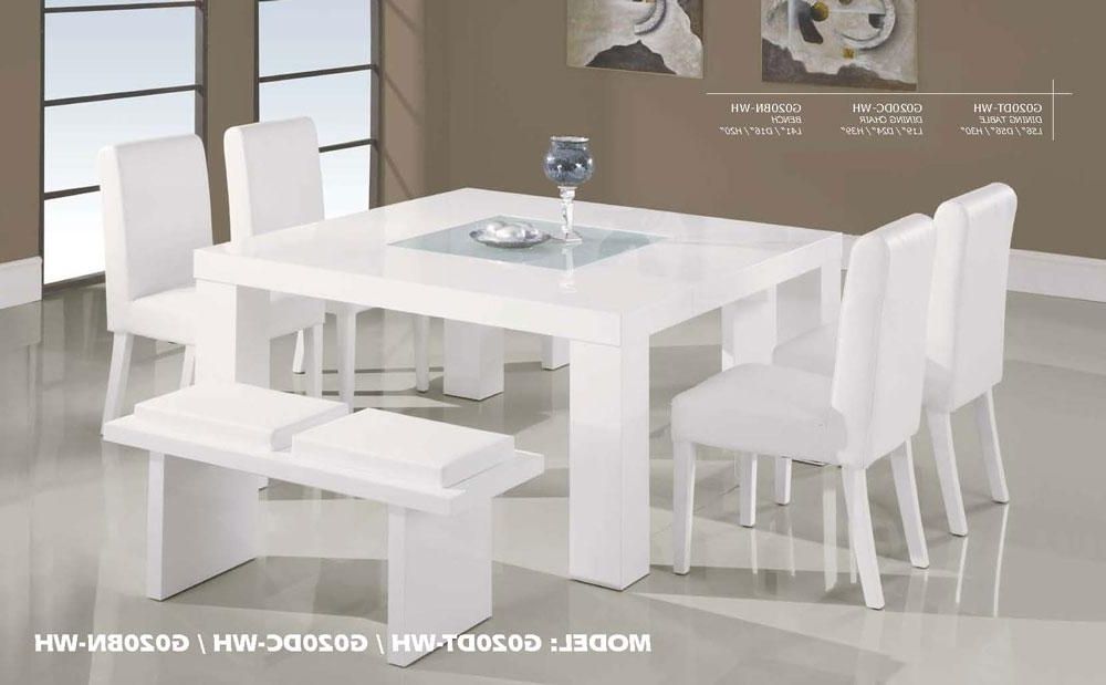 Contemporary White Wood Middle Frosted Glass Dining Table Set Pertaining To Well Liked White Dining Tables Sets (View 7 of 20)