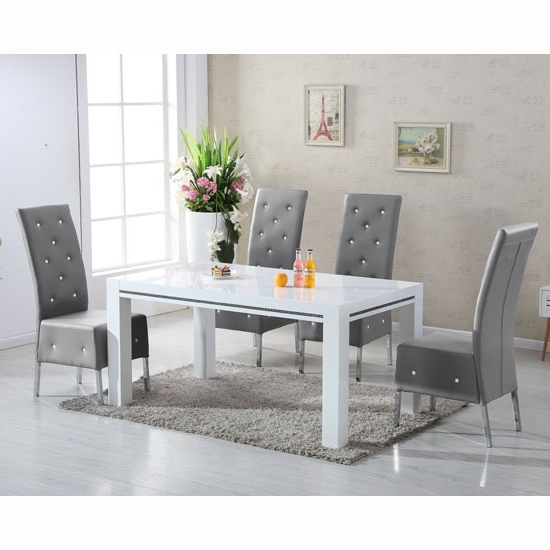 Diamante High Gloss Dining Table With 6 Asam Grey Chairs In Well Known Dining Tables Grey Chairs (View 6 of 20)