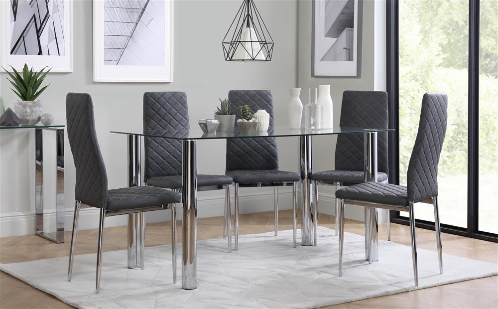 Dining Tables With Grey Chairs For 2017 Lunar Chrome And Glass Dining Table With 4 Renzo Grey Chairs Only (View 16 of 20)