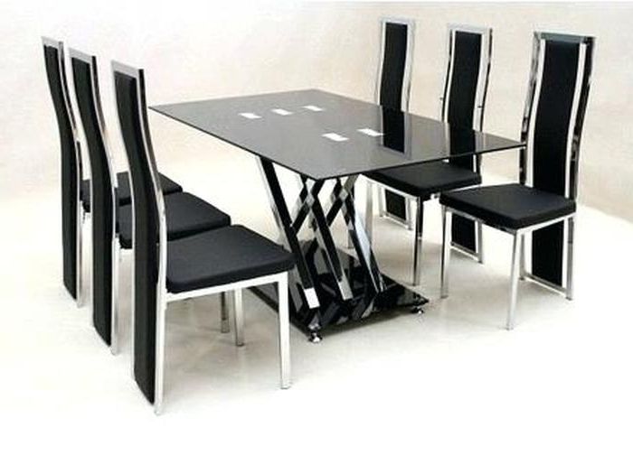 Famous 16. 7 Piece Dining Table Set 6 Chairs Black Glass Metal Kitchen Room Throughout Glass Dining Tables 6 Chairs (Photo 14 of 20)