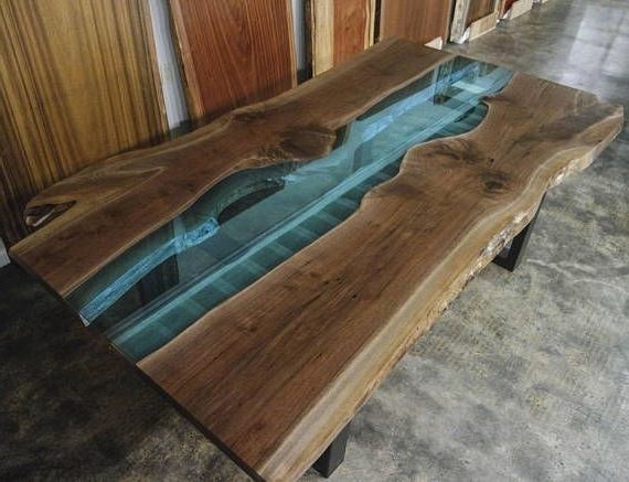 Fashionable Bookmatched Walnut With Blue Glass River Live Edge Dining Table Item Inside Blue Glass Dining Tables (View 9 of 20)