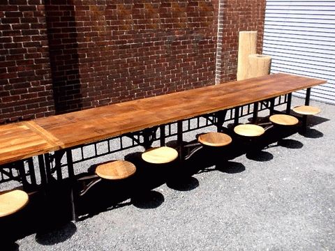 Fashionable Dining Tables With Attached Stools Inside Vintage Industrial Cafeteria Dining Table – Hudson Goods Blog (View 6 of 20)