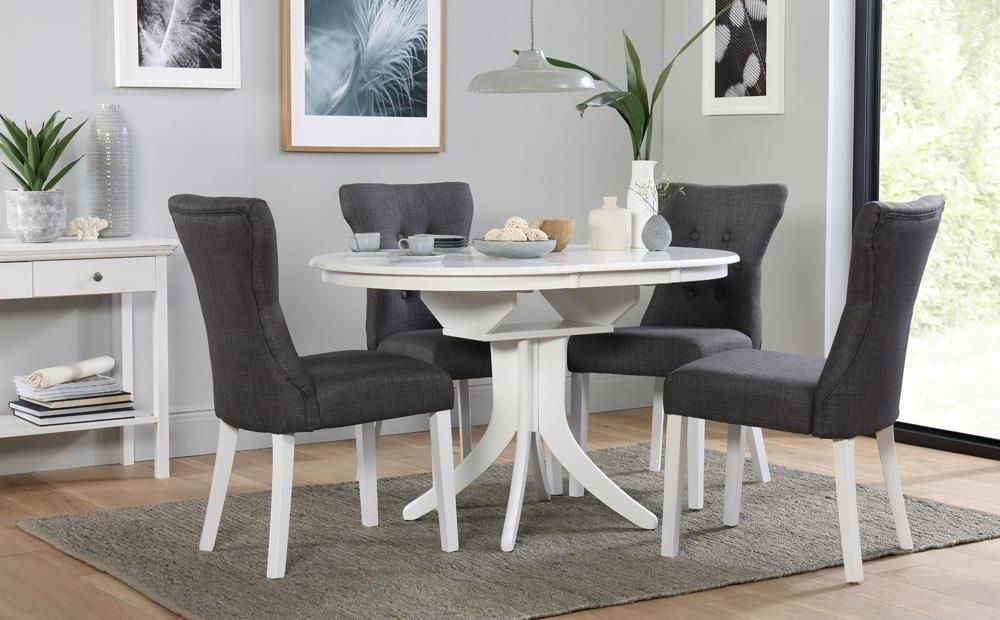 Fashionable Hudson Round White Extending Dining Table With 4 Bewley Slate Chairs In Hudson Round Dining Tables (View 2 of 20)