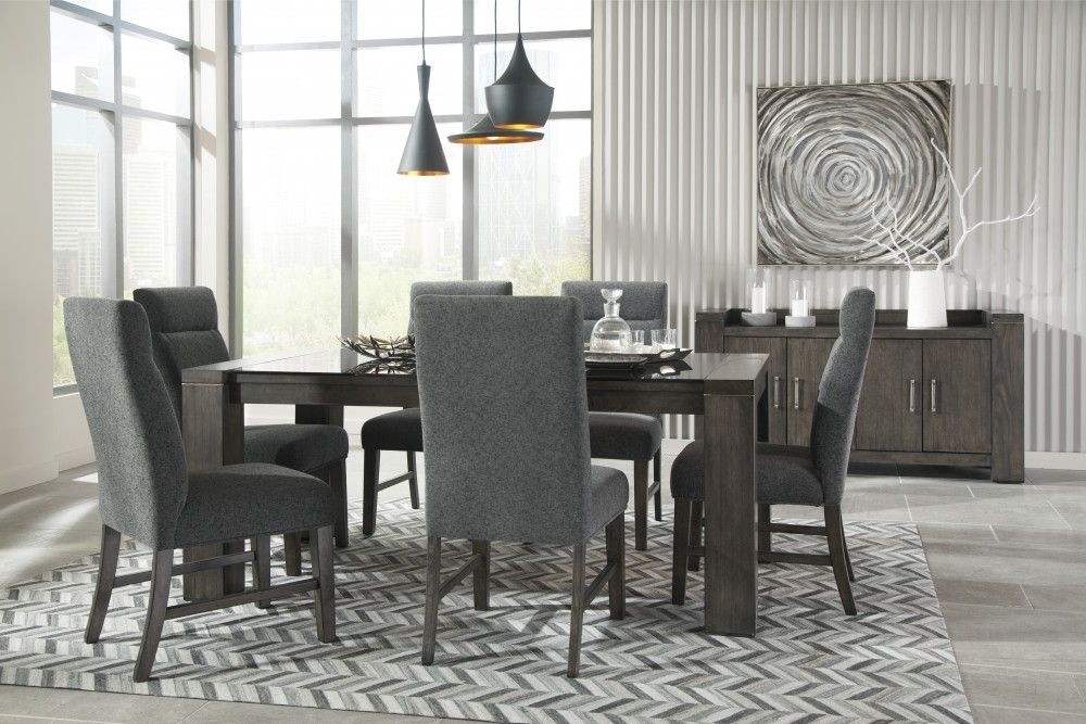 Fashionable Market 6 Piece Dining Sets With Side Chairs Within Chansey – Dark Grey – Rect Drm Table W/glass Top & 6 Uph Side Chairs (Photo 18 of 20)