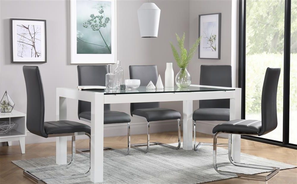 Fashionable Perth Glass Dining Tables For Venice & Perth White Gloss & Glass Dining Table & 4 6 Leather Chairs (Photo 4 of 20)