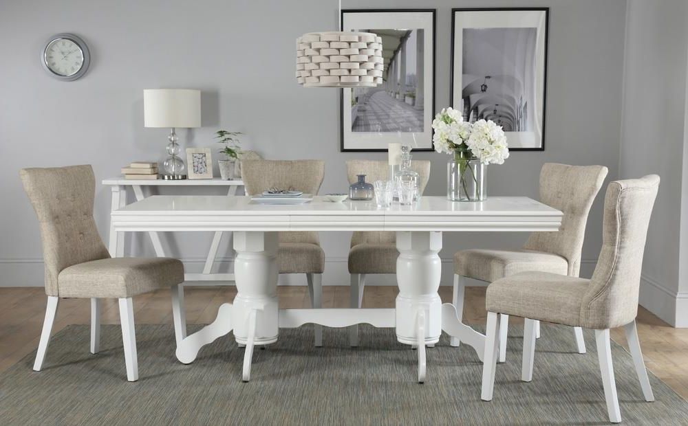 Fashionable White Dining Tables For Chatsworth White Extending Dining Table With 6 Bewley Oatmeal Chairs (Photo 1 of 20)