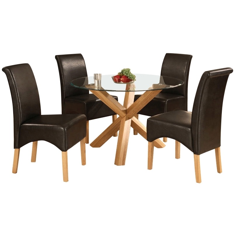 Glass And Oak Dining Tables And Chairs Pertaining To Famous Solid Oak Glass Round Dining Table And 4 Leather Chair, Round Table (Photo 6 of 20)