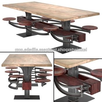 Industrial Wooden Top Dining Table With Attached 6 Swinging Stools Throughout Recent Dining Tables With Attached Stools (View 4 of 20)
