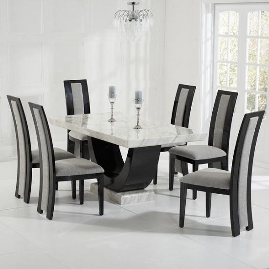Marble Dining Chairs For Popular Allie Marble Dining Set In Cream And Black With 6 Grey (Photo 1 of 20)
