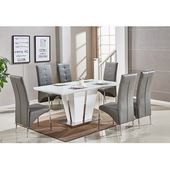 Memphis Glass Dining Table In White Gloss With 6 Grey Intended For Trendy Grey Glass Dining Tables (View 12 of 20)