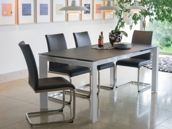 Most Popular Mobo Medium Ext. Grey Tempered Glass Dining Table With 6 Mobo Chairs In Grey Glass Dining Tables (Photo 7 of 20)