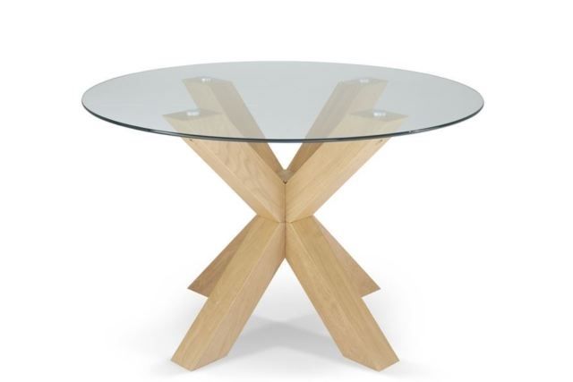 Most Popular Romford 120cm Round Clear Tempered Glass Top Dining Table With Oak Inside Round Glass Dining Tables With Oak Legs (View 12 of 20)