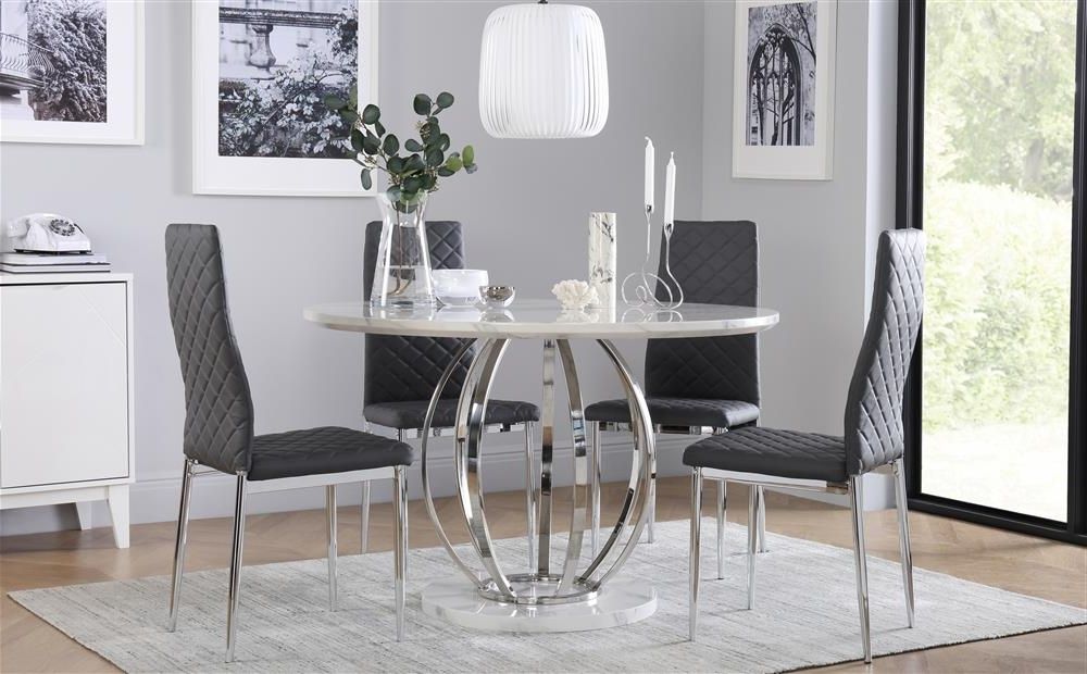 Most Up To Date Chrome Dining Room Sets For Savoy Round White Marble And Chrome Dining Table With 4 Renzo Grey (View 1 of 20)