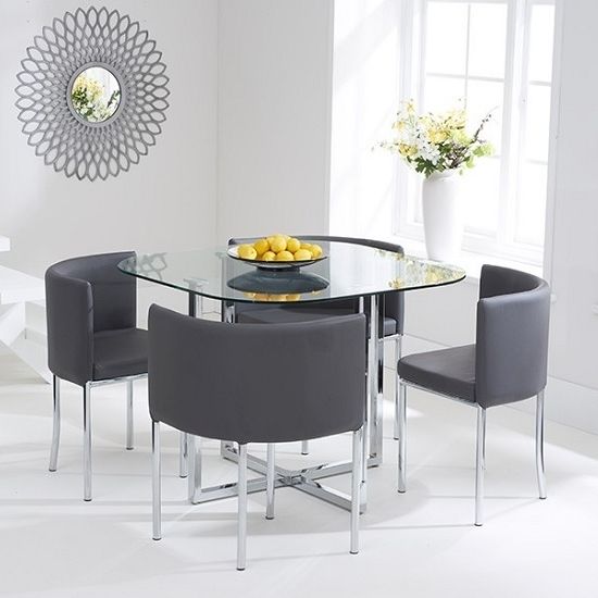 Most Up To Date Stowaway Dining Tables And Chairs Inside Mingo Glass Stowaway Dining Set In Clear With 4 Grey Chairs (View 1 of 20)