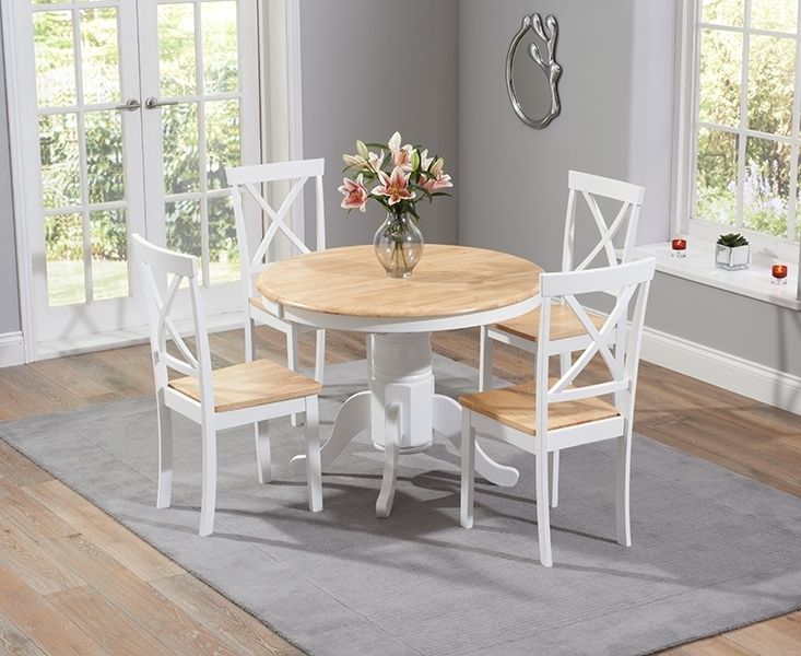 Oak Round Dining Tables And Chairs Intended For Famous Regis Oak And White 120cm Round Dining Table With 4 Chairs (Photo 16 of 20)