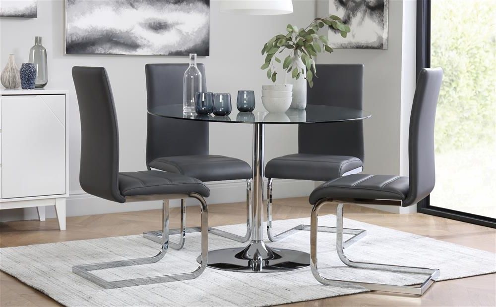 Orbit Round Glass & Chrome Dining Table – With 4 Perth Grey Chairs Regarding Trendy Perth Glass Dining Tables (View 13 of 20)