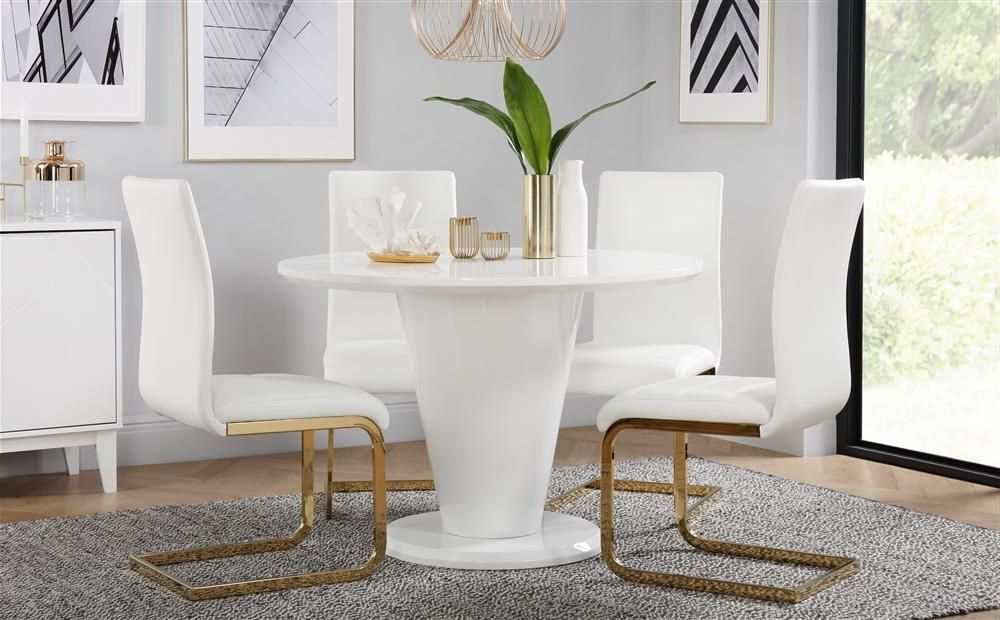 Perth White Dining Chairs Within Favorite Paris Round White High Gloss Dining Table With 4 Perth White Chairs (View 15 of 20)