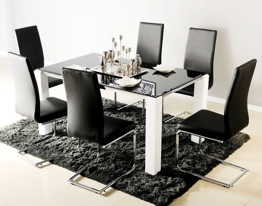 Popular Black Glass Dining Tables With 6 Chairs With Black Glass Top Dining Table For 6 With White Legs Also Modern (View 10 of 20)