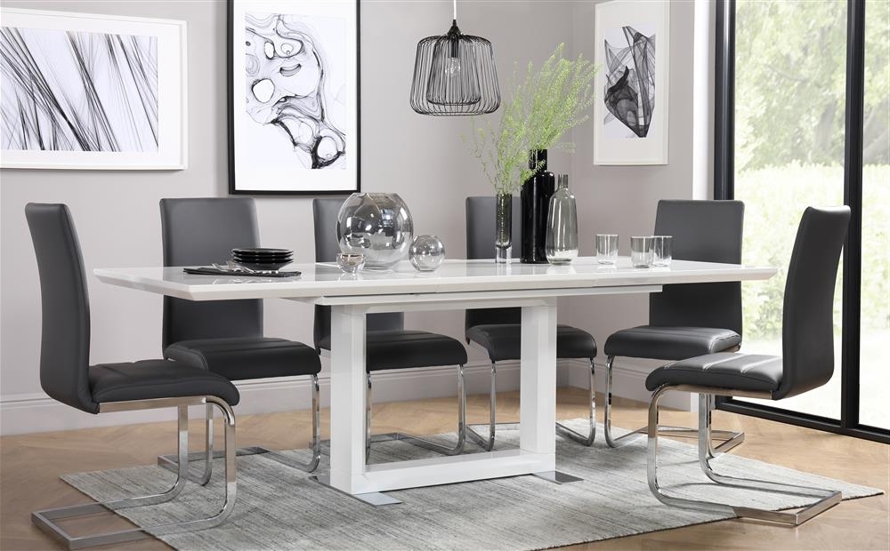 Preferred Tokyo & Perth Extending White High Gloss Dining Table & 4 6 8 Chairs For Grey Gloss Dining Tables (Photo 11 of 20)