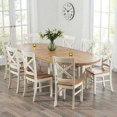 Recent Chevron Oak And Cream Oval Extending Dining Table With 8 Carver Chairs Throughout Extended Dining Tables And Chairs (Photo 14 of 20)
