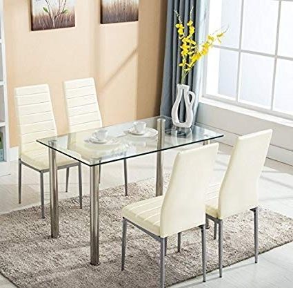 Recent Glass Dining Tables And Leather Chairs Within Amazon – Mecor Glass Dining Table Set, 5 Piece Kitchen Table Set (Photo 6 of 20)