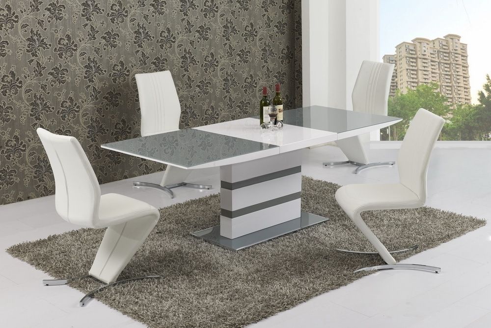 Recent High Gloss Extending Dining Tables Inside Small Extending 6 Seater Gloss Grey Glass Dining Table & Chairs (Photo 5 of 20)