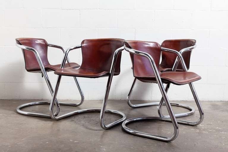 Set Of 4 Leather And Chrome Dining Chairs At 1stdibs Pertaining To Well Known Chrome Leather Dining Chairs (Photo 1 of 20)
