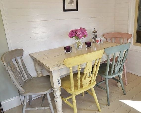 Shabby Chic Dining Sets Intended For Latest Shabby Chic Farmhouse Dining Table With Four Multicoloured Chairs (View 5 of 20)