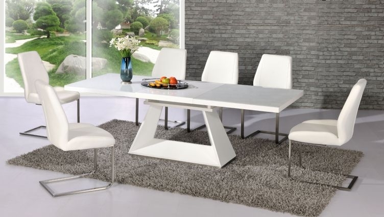 Silvano Extending White High Gloss Contemporary Dining Table & Dalia Regarding Best And Newest High Gloss White Dining Chairs (View 3 of 20)