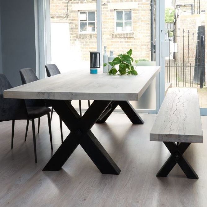 Solid Wood Dining Tables Inside Most Current From Stock: Rustik Wood & Metal Dining Table, Cross Frame Leg In (View 7 of 20)