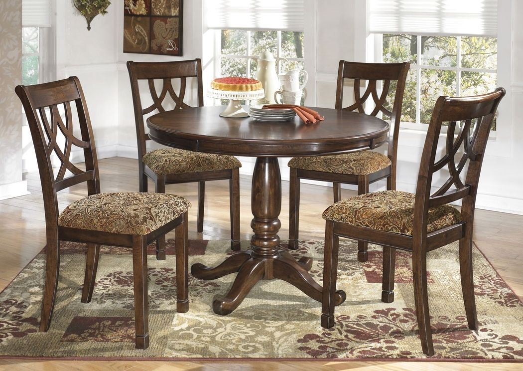 St. Germain's Furniture Leahlyn Round Dining Table W/4 Side Chairs Inside Preferred Craftsman 9 Piece Extension Dining Sets With Uph Side Chairs (Photo 12 of 20)