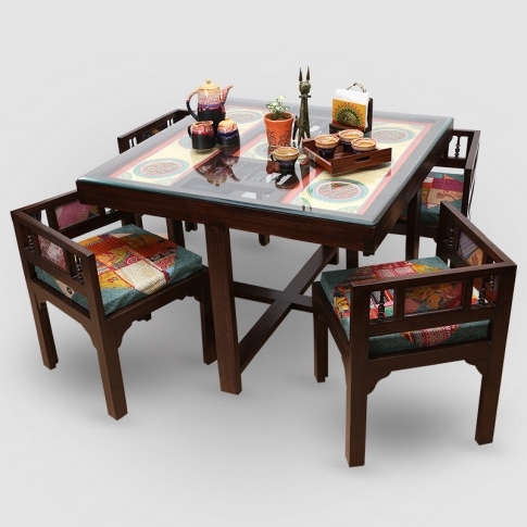 Teak Wood "modern" Sleek 4 Seater Square Dining Table With Warli Intended For Most Popular 4 Seat Dining Tables (View 6 of 20)