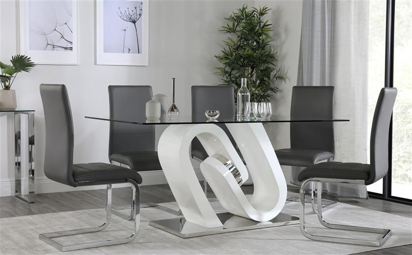 Trendy Quant White High Gloss And Glass Dining Table With 6 Perth Grey Pertaining To Perth Glass Dining Tables (Photo 14 of 20)