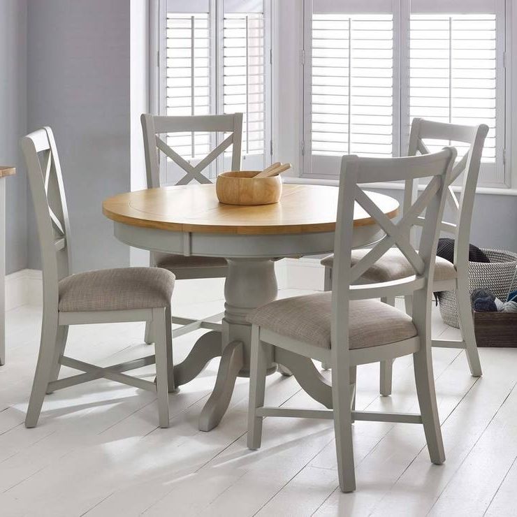 Well Known Bordeaux Painted Light Grey Round Extending Dining Table + 4 Chairs Intended For 4 Seat Dining Tables (View 2 of 20)