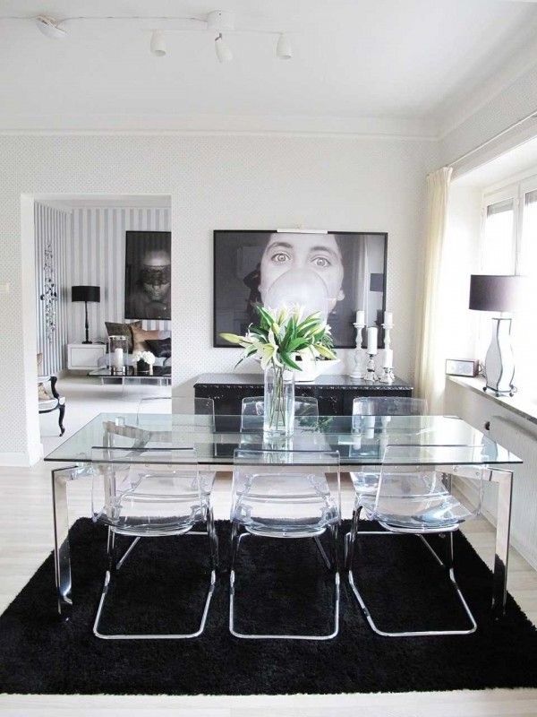 Well Known Glass Dining Table And Acrylic Chairs With Black & White Design Intended For Weaver Dark 7 Piece Dining Sets With Alexa White Side Chairs (Photo 11 of 20)
