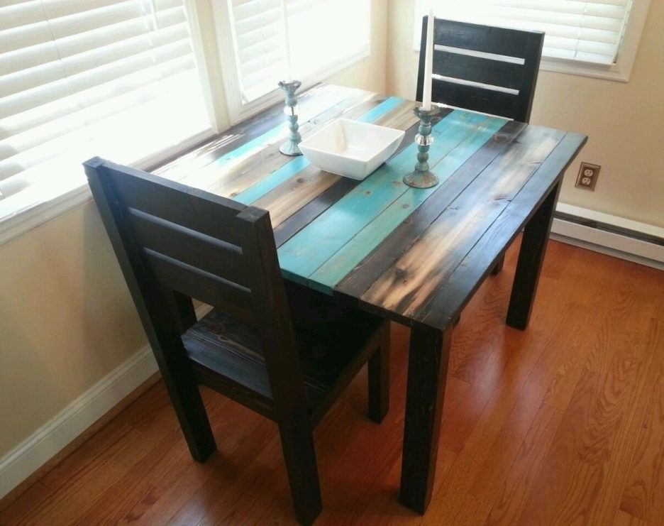 Well Known Square Blue And Black Color Scheme Distressed Wooden Dining Table Pertaining To Two Person Dining Table Sets (View 18 of 20)
