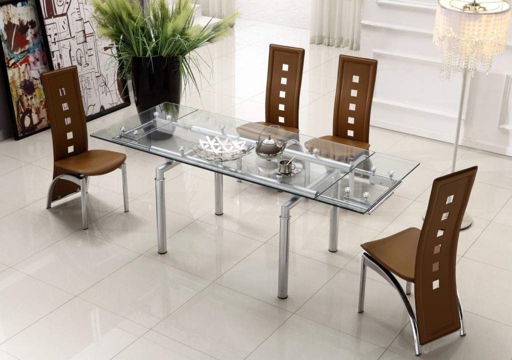 Widely Used Modern Dining Table And Chairs Within Extendable Clear Glass Top Leather Modern Dining Table Sets (View 3 of 20)