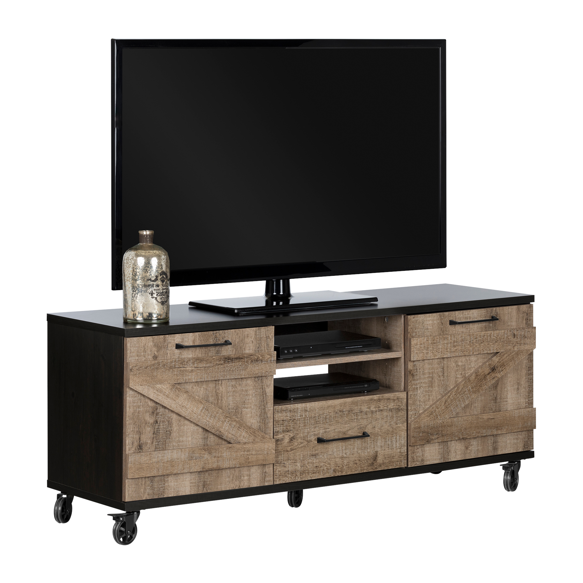 2017 South Shore Long Tv Stand Wheels Weathered Oak Ebony 10711 Open Throughout Long Tv Stands (View 11 of 20)