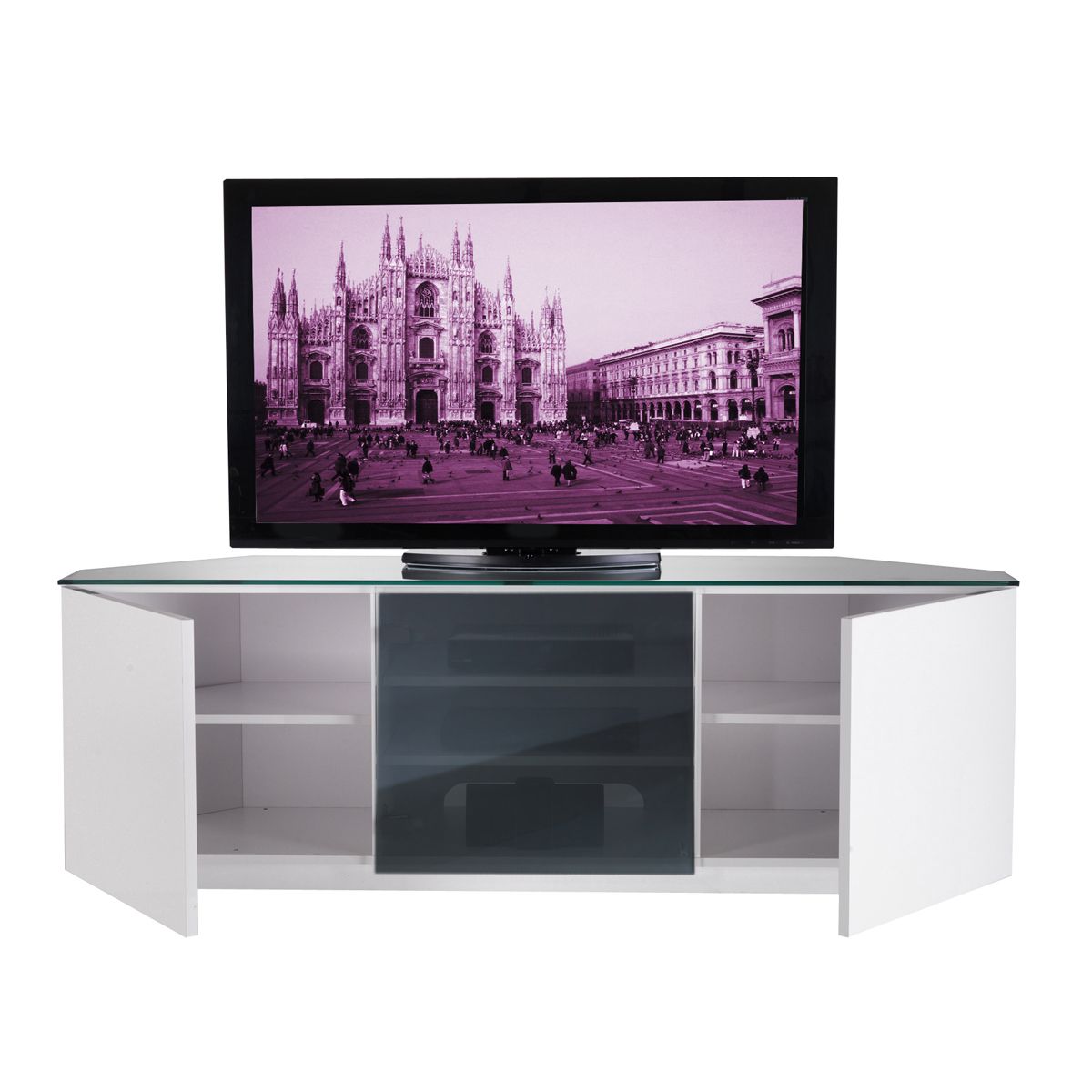 2017 Ukcf Milan White Gloss & Black Glass Corner Tv Stand 150cm Throughout White Gloss Corner Tv Stands (View 5 of 20)
