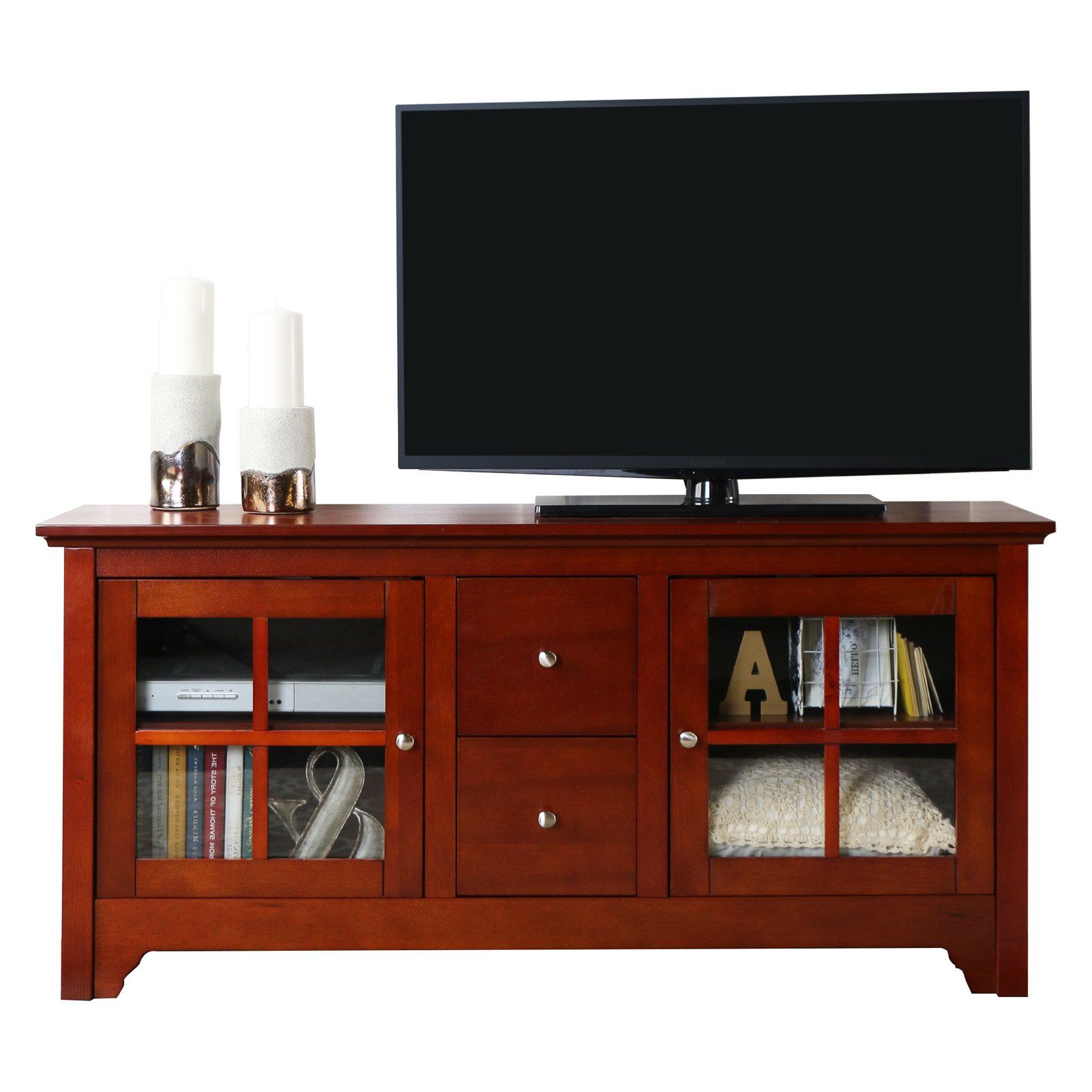 2018 Walker Edison 52 In. Solid Wood Console With Drawers Walnut Brown Tv Pertaining To Solid Wood Black Tv Stands (Photo 7 of 20)