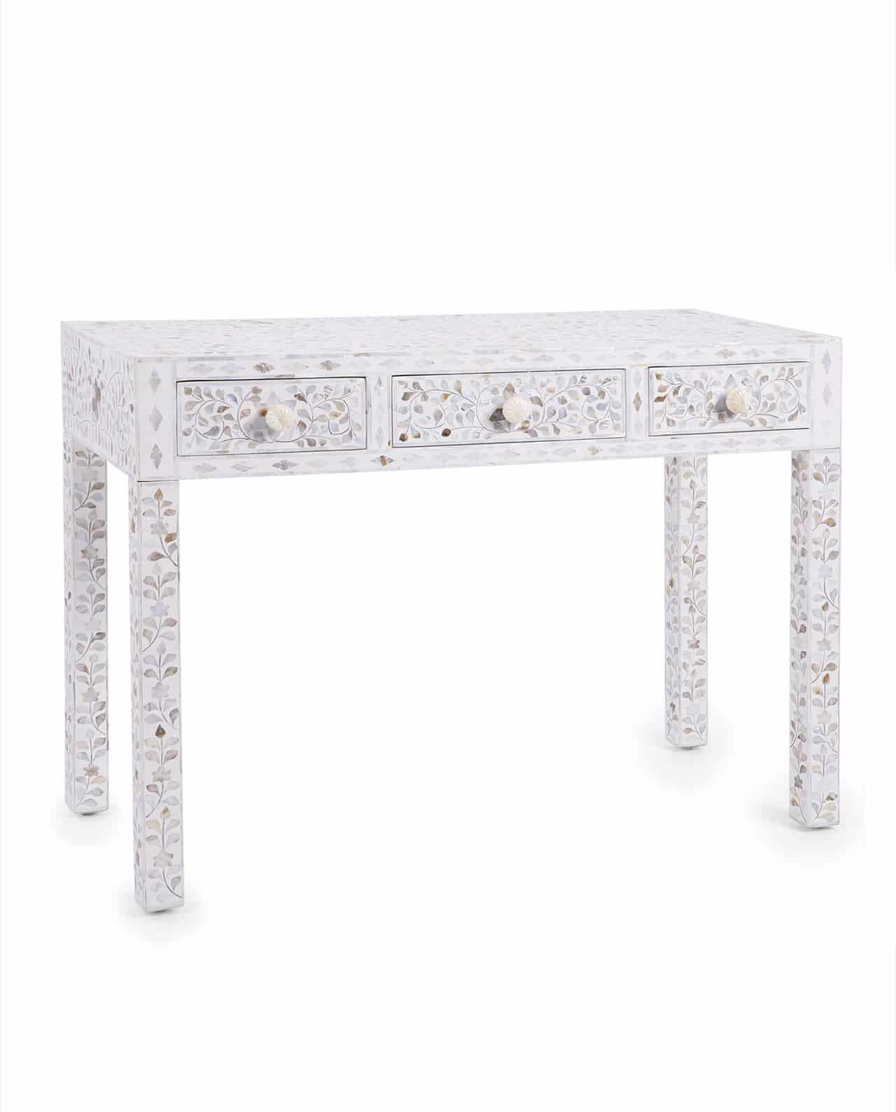Black And White Inlay Console Tables Within Widely Used Mother Of Pearl Inlay 3 Draw Console Table – White (View 5 of 20)