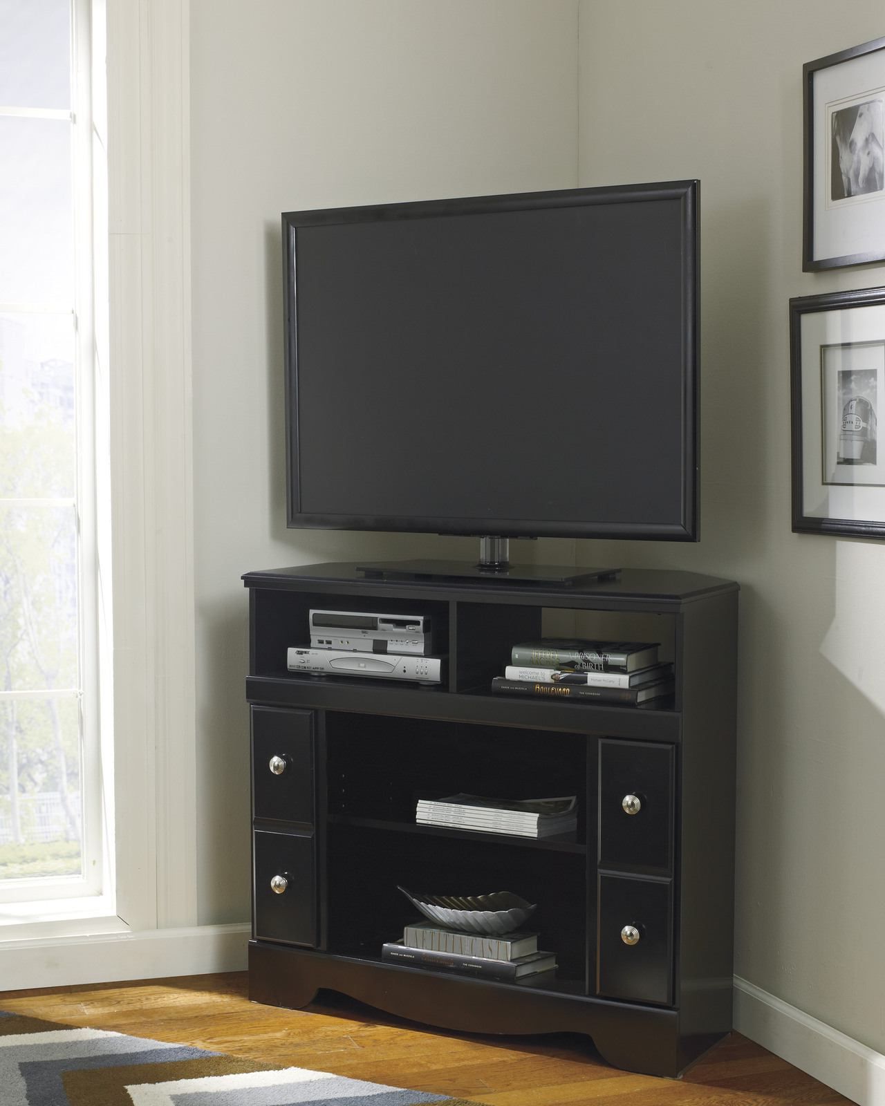 Black Corner Tv Cabinets Throughout Newest Shay Corner Tv Stand With Fireplace Option In Black W271 12 (Photo 8 of 20)