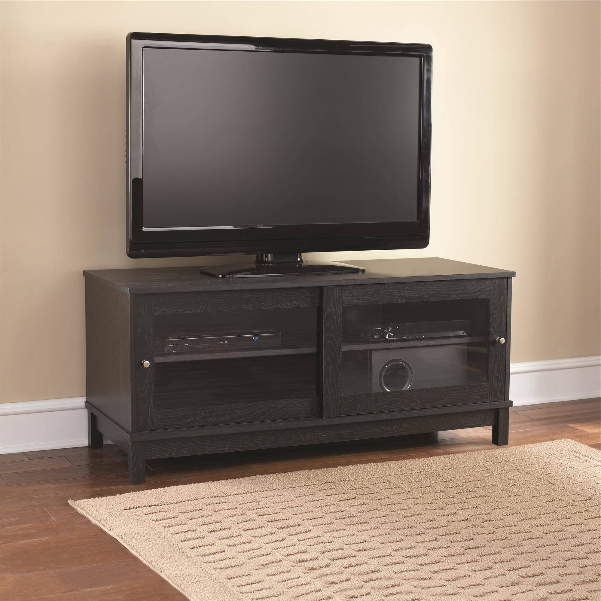 Black Tv Stand With Glass Doors In Most Current Mainstays 55" Tv Stand With Sliding Glass Doors, Multiple Colors (Photo 1 of 20)