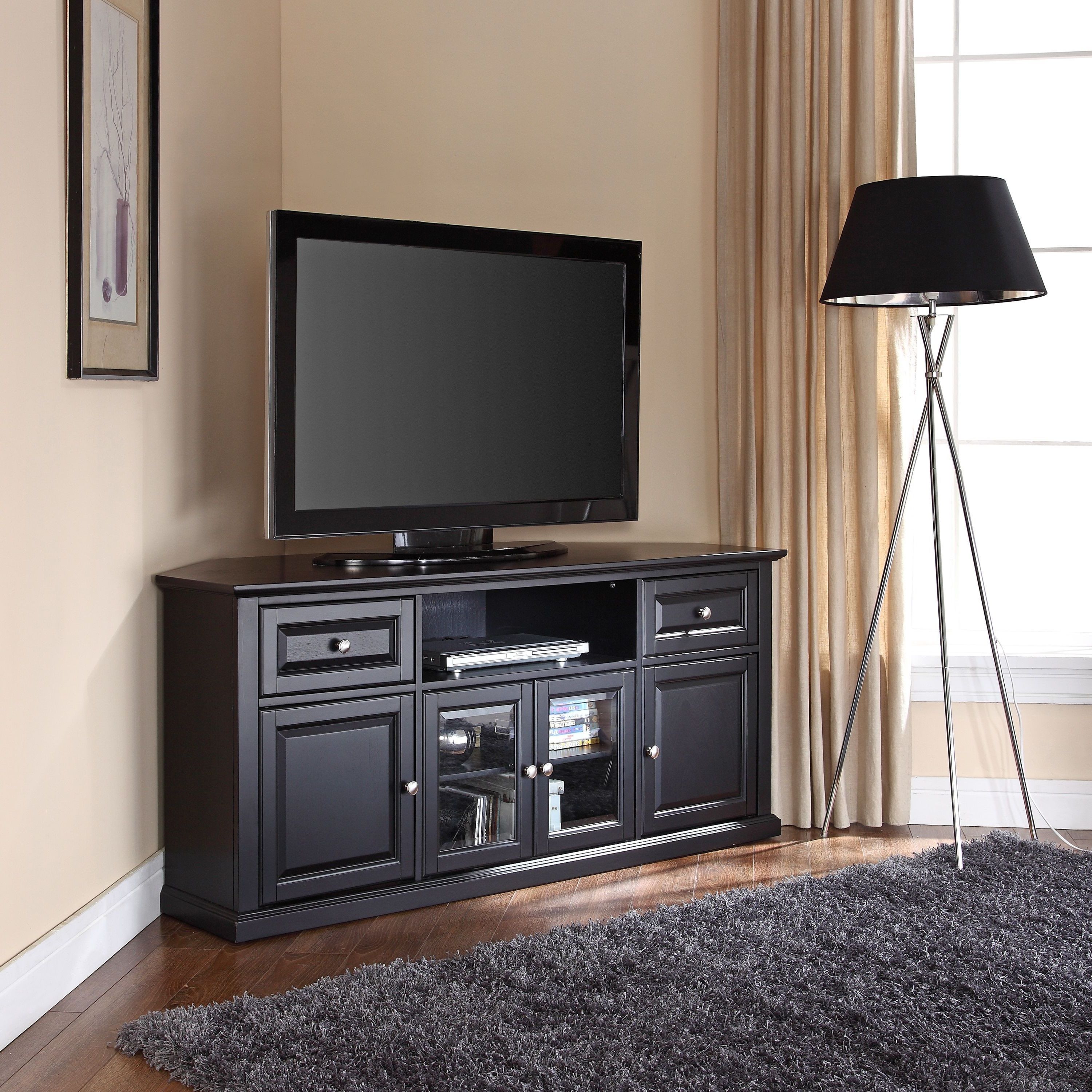 Crosley Furniture Black 60 Inch Corner Tv Stand (60 Corner Tv Stand For Well Liked 40 Inch Corner Tv Stands (Photo 11 of 20)
