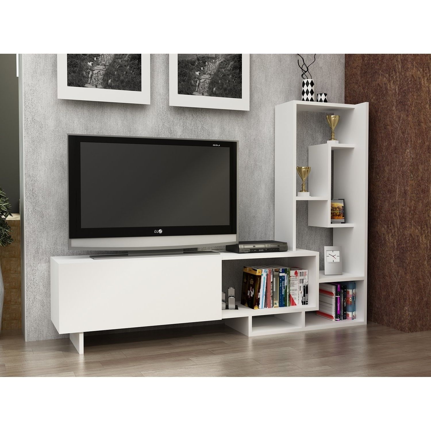 Current Shop Decorotika Pegai White Wood 60 Inch Tv Stand With Bookshelves Intended For Bookshelf And Tv Stands (Photo 18 of 20)