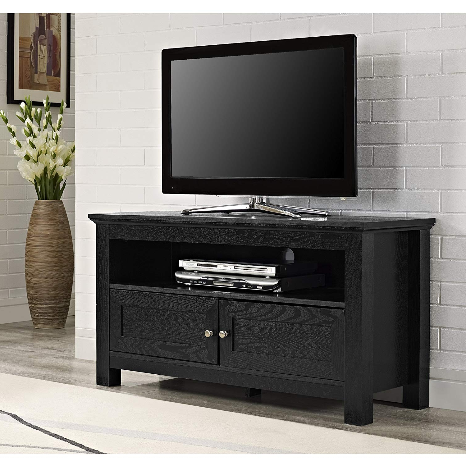 Dark Wood Tv Stands Throughout Famous Amazon: Walker Edison 44 Inches Cortez Tv Stand Console, Black (Photo 2 of 20)