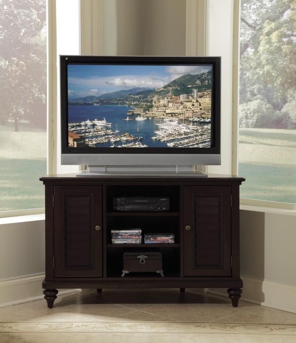 Favorite Dark Brown Corner Tv Stands For Furniture: Dark Brown Corner Tv Stand With Double Shutter Door (View 4 of 20)