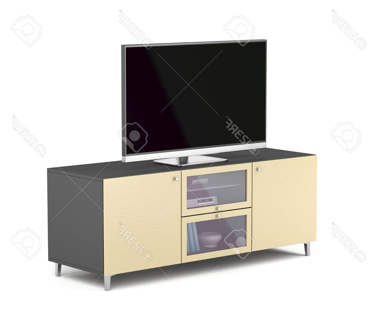 Flat Screen Tv On Modern Tv Stand, 3d Illustration Stock Photo Pertaining To Fashionable Modern Tv Stands For Flat Screens (View 18 of 20)